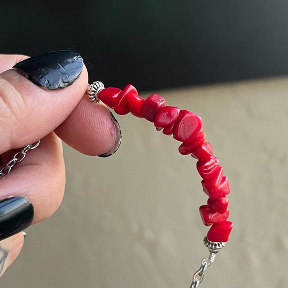 Set ! Red coral skull double layer necklace + matching skull earrings goth boho - Picture 13 of 16